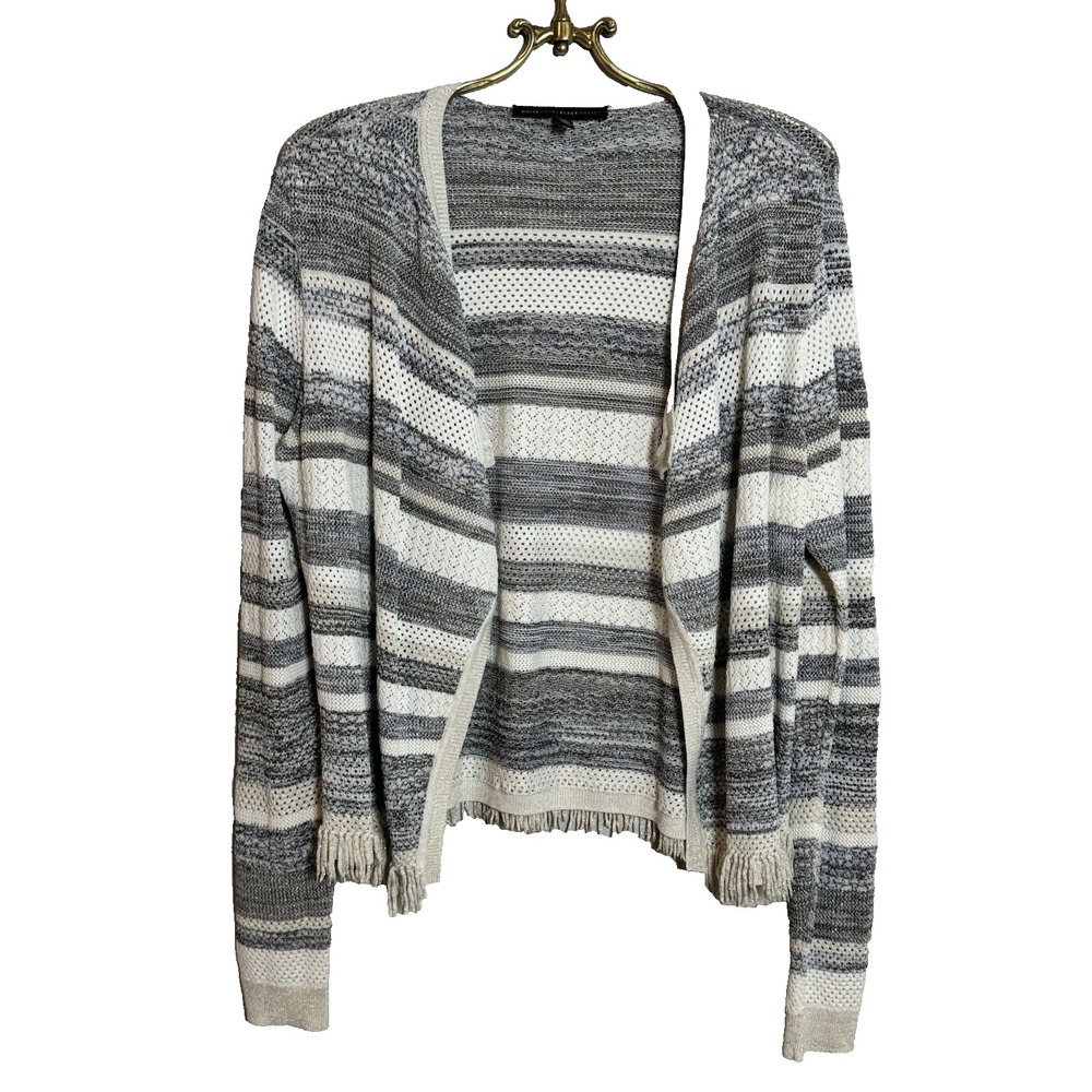 White House‎ Black Market Long Sleeve White Gray Cardigan Metallic Fringe XL